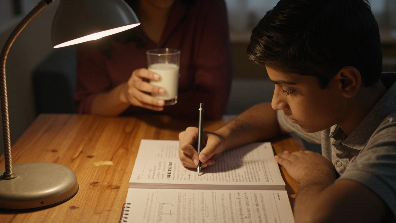 A student studying intently with an NCERT textbook under a warm desk lamp.