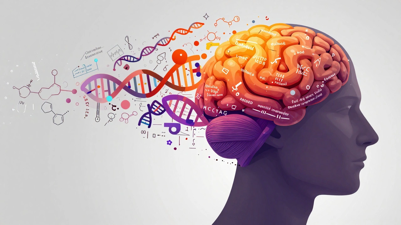 Conceptual art of a human head filled with scientific symbols representing mental fatigue.