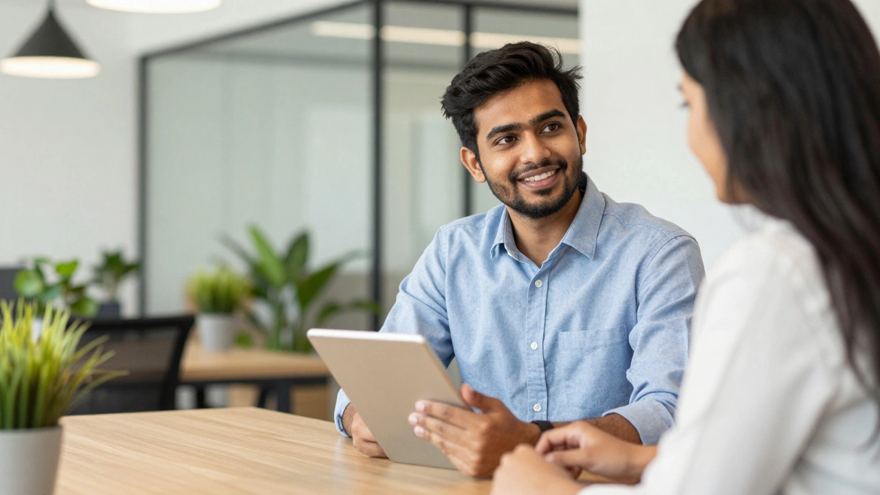 Confident professional presenting a digital project portfolio to a manager in a modern office.