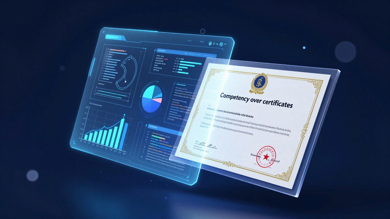 Holographic professional portfolio and data charts overlapping a digital academic diploma.