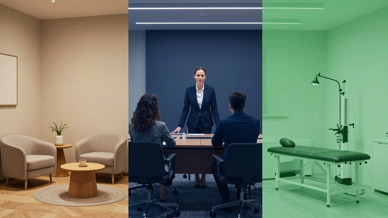 Montage of a psychology office, a hospital boardroom, and a physiotherapy clinic.