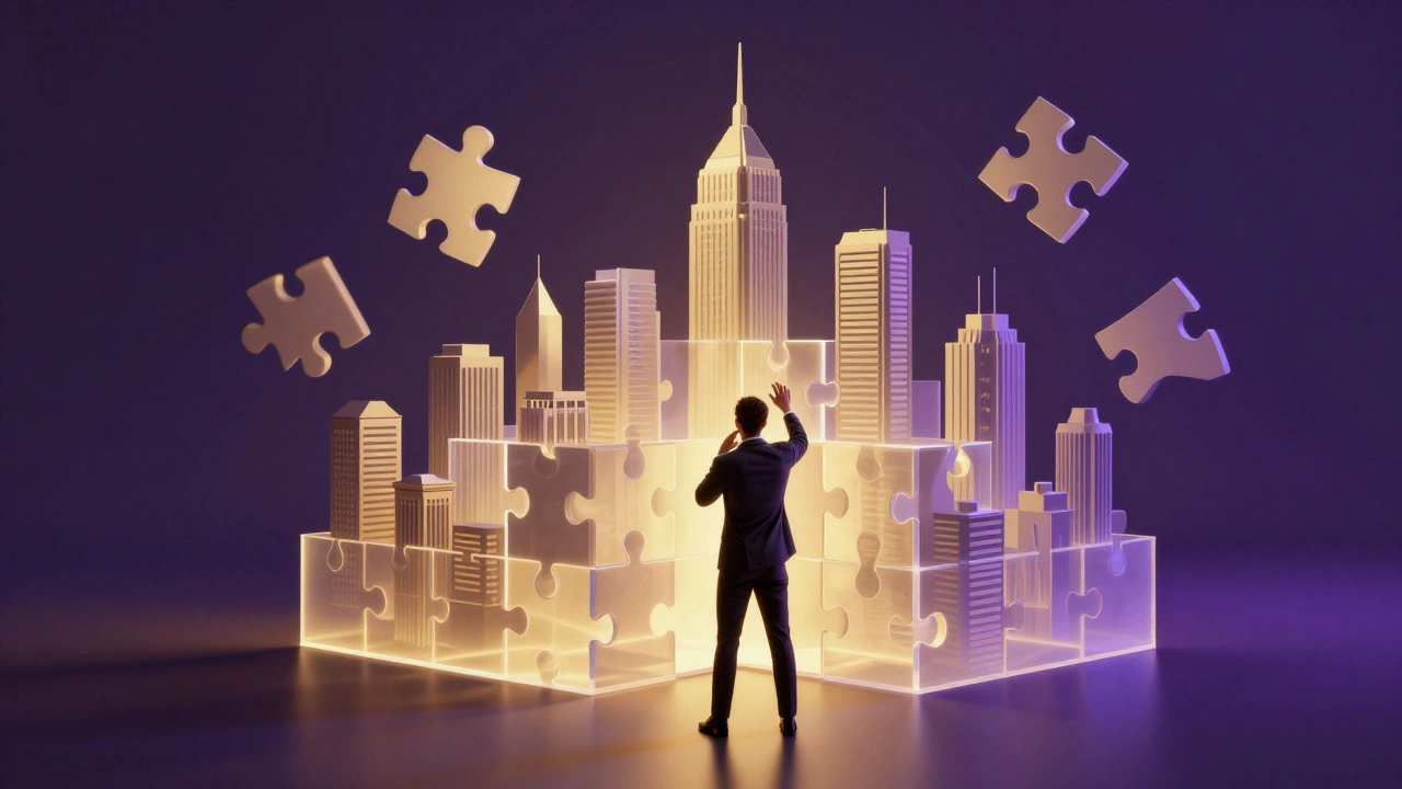 Professional analyzing a floating 3D puzzle of a city, symbolizing strategic business decision-making.