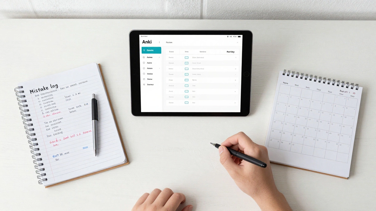Top-down view of a structured study desk with a tablet, mistake log, and calendar.