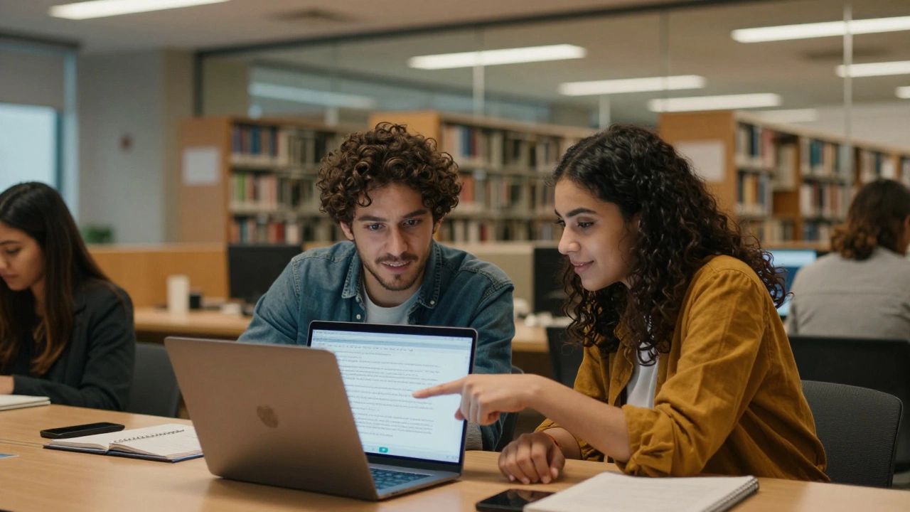 Two MBA students collaborating over a laptop in a university library