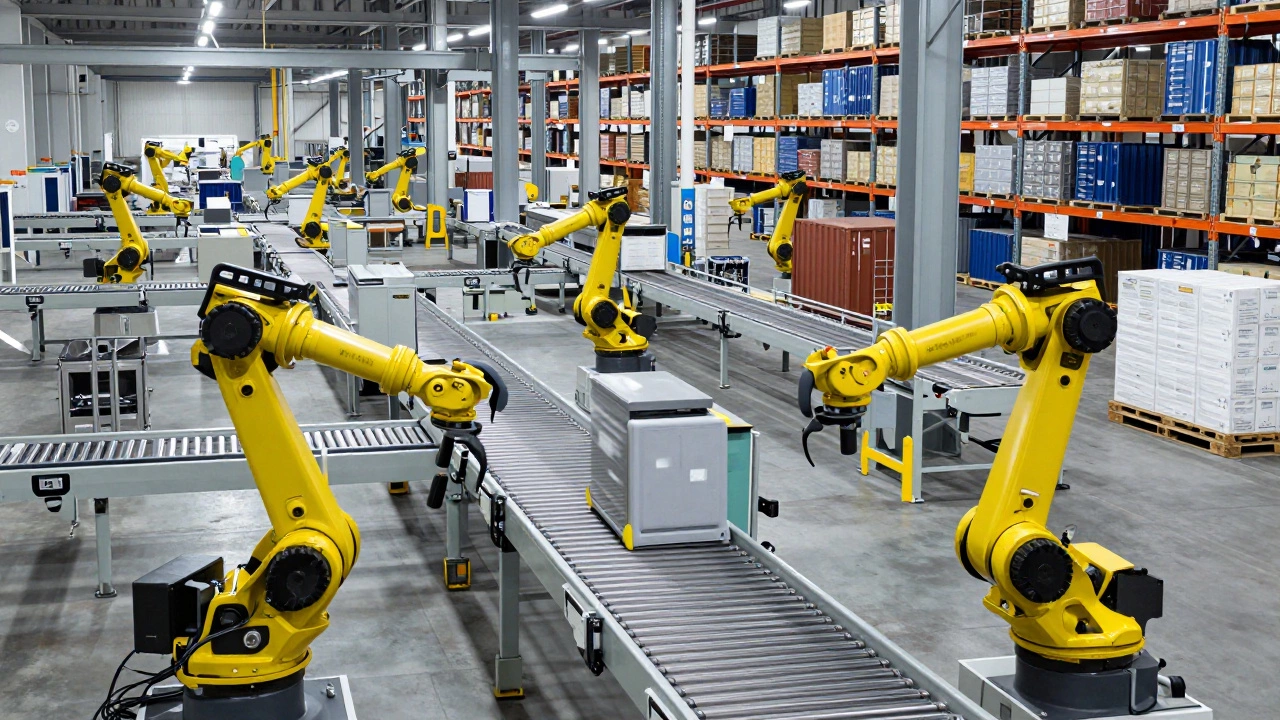 Wide view of a high-tech automated warehouse with robotic arms and conveyor belts.