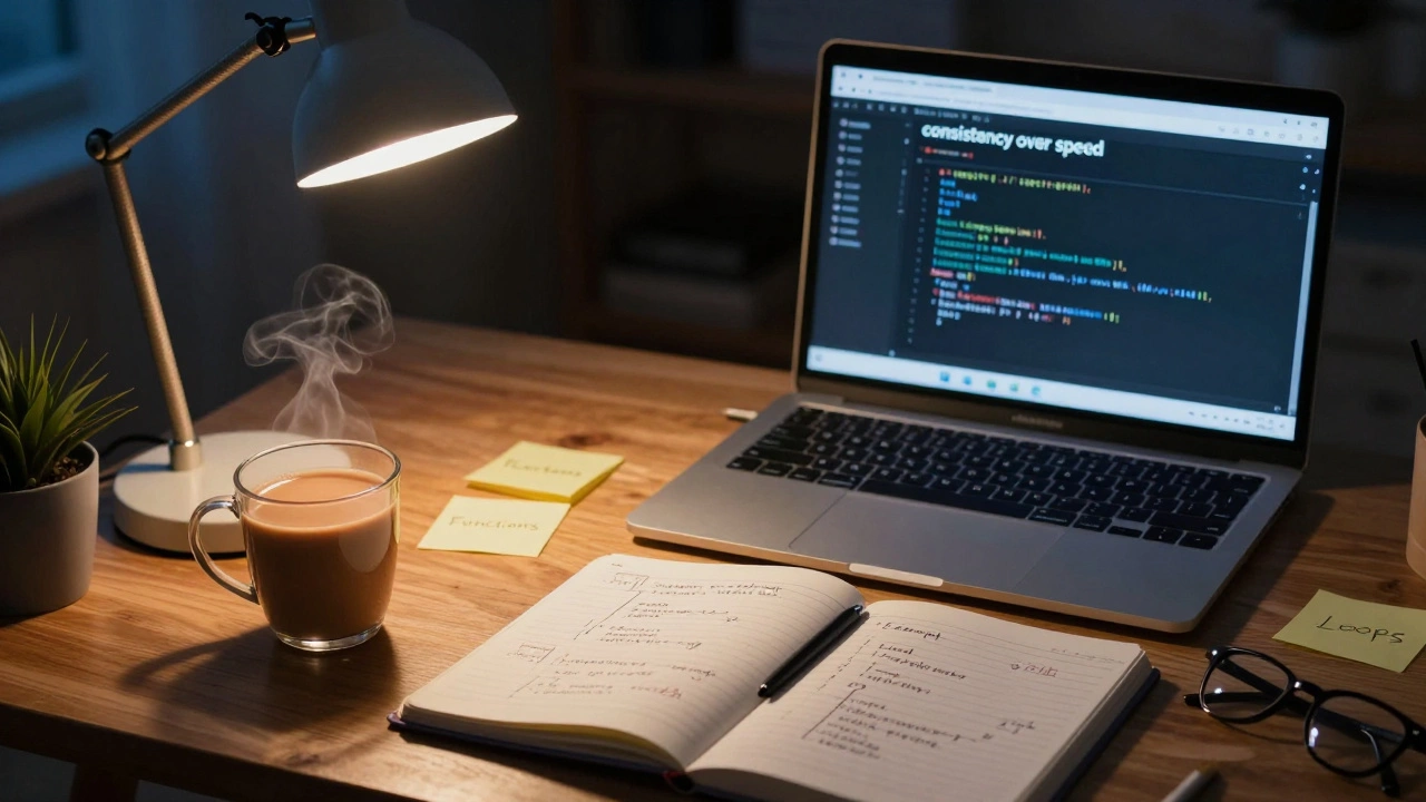 Cozy night study setup with Python code and handwritten notes