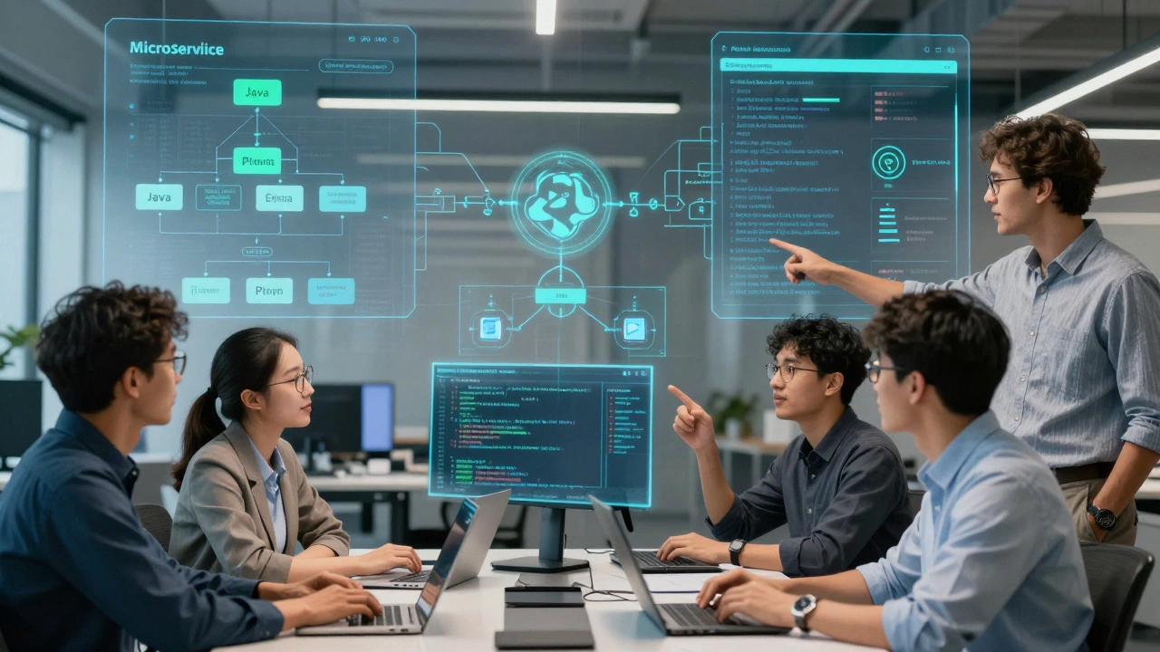 Developers in a futuristic 2026 office collaborating on mixed Java and Python cloud architectures
