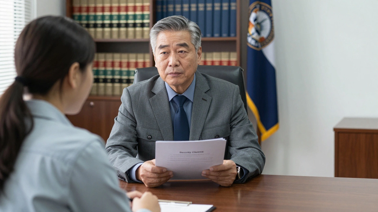 Government investigator conducting a serious background check interview.