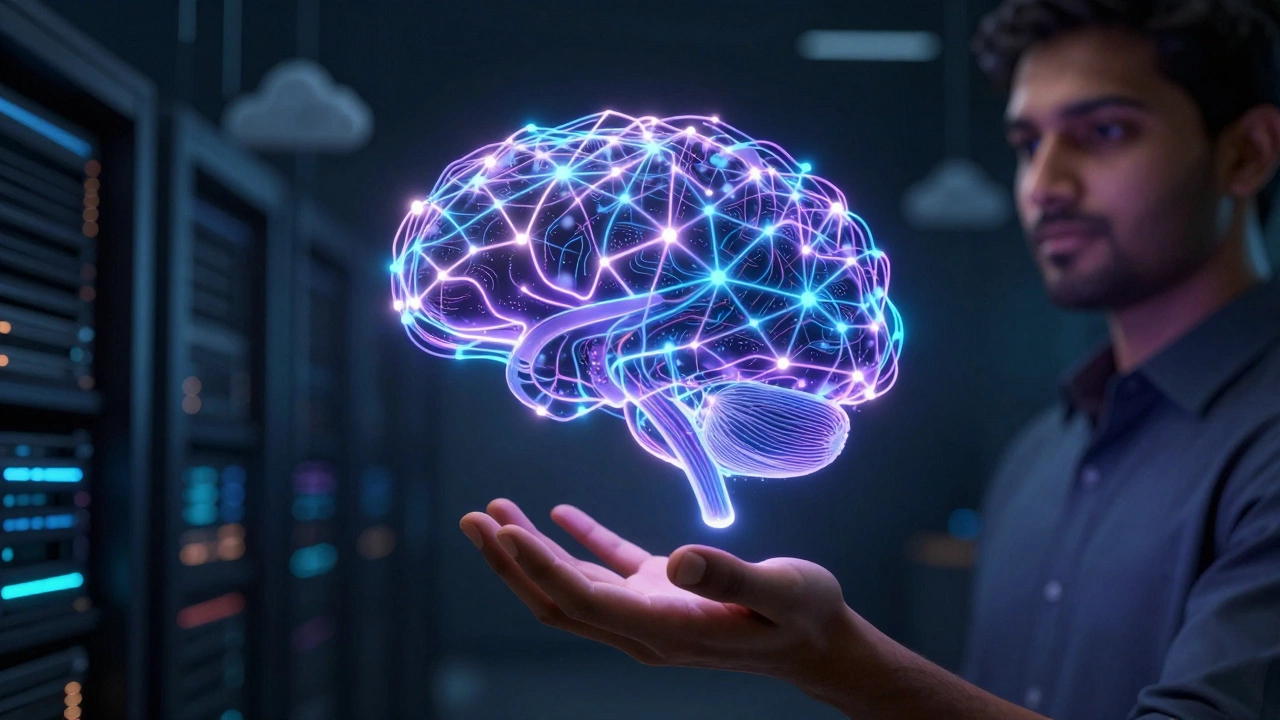 Hand holding glowing neural network symbolizing human-AI collaboration in tech