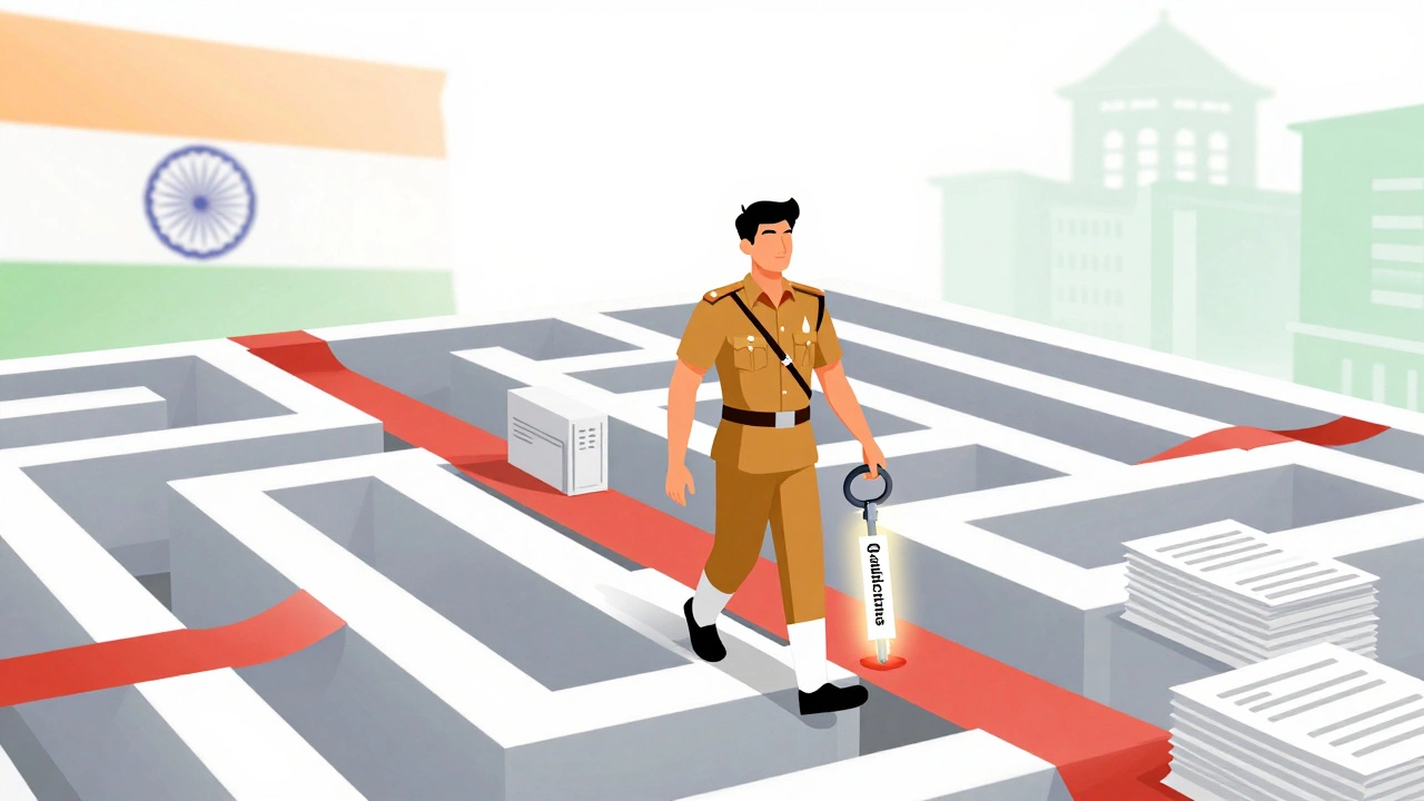 Illustration of a civil servant navigating bureaucracy with confidence