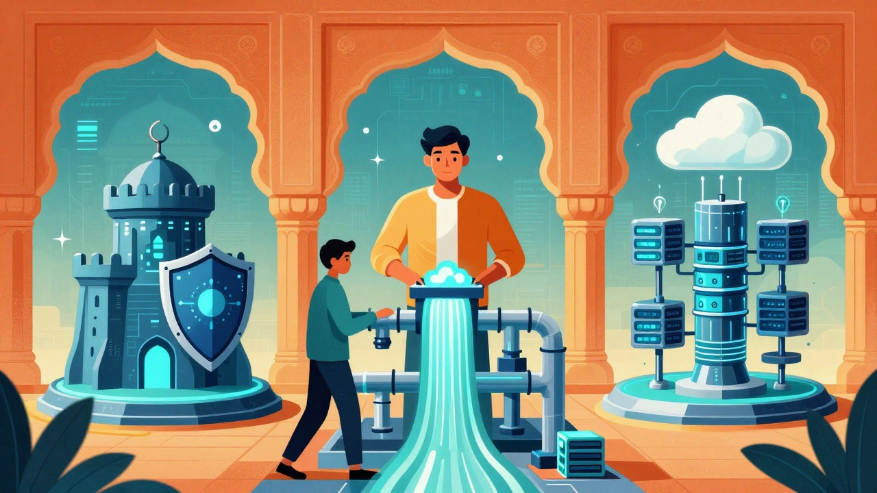 Illustration of cybersecurity, data, and cloud specialists in a futuristic Indian setting