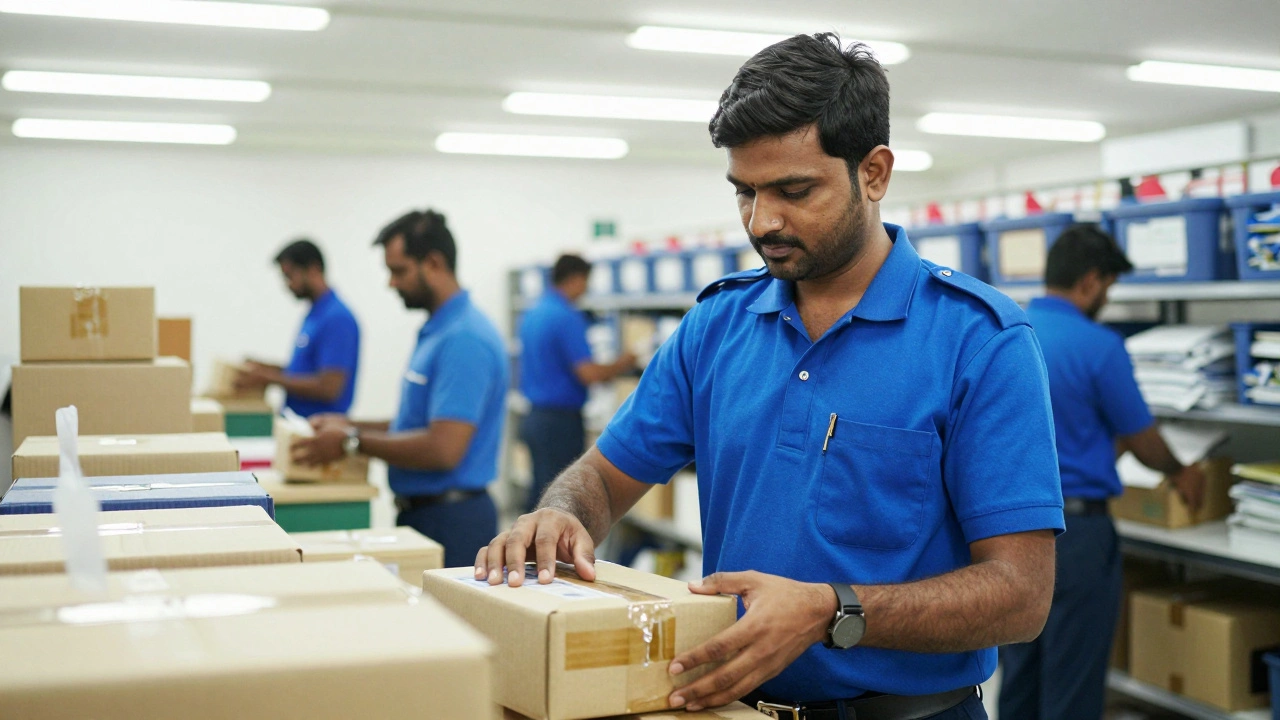 Indian postal worker sorting mail in a busy, organized post office