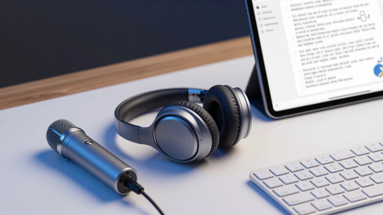 Noise-canceling headphones and tablet on a clean desk