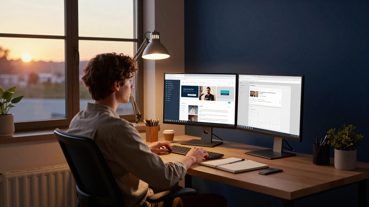 Person studying at dual monitors in a warm home office