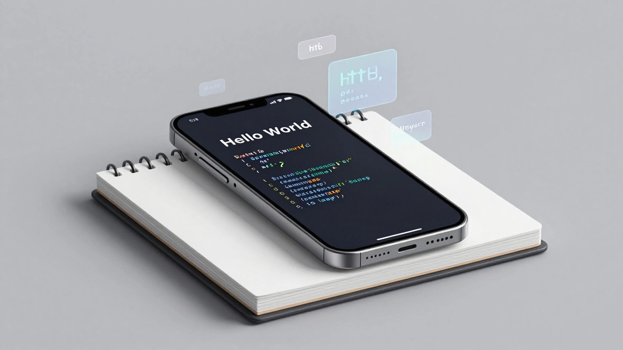 Phone displaying Hello World code as a digital sketchbook