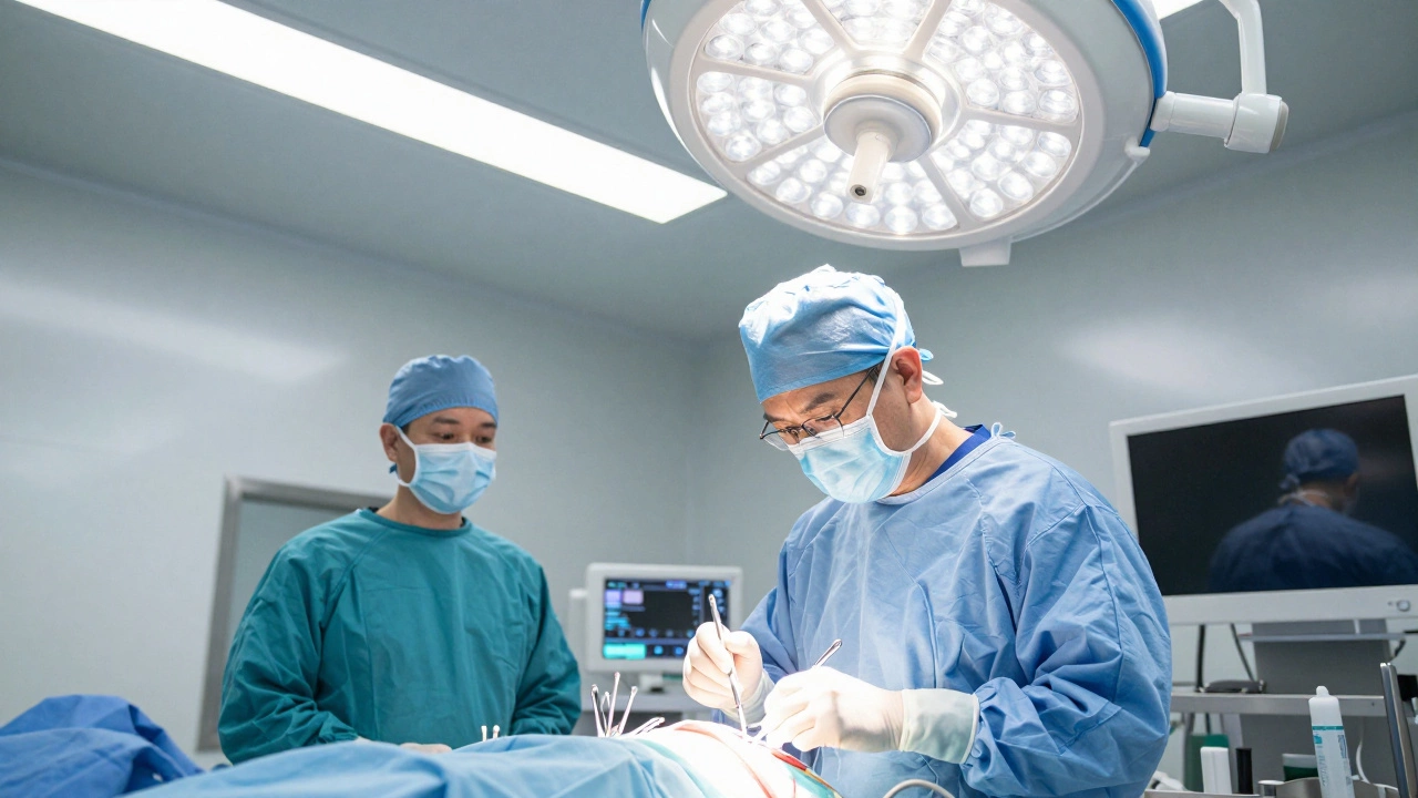 Senior surgeon performing complex surgery in a modern operating room