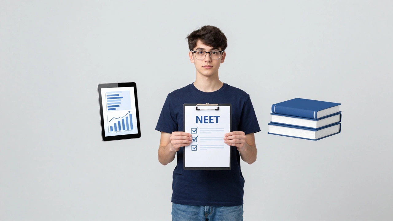 Student balancing digital and physical study materials for exam preparation