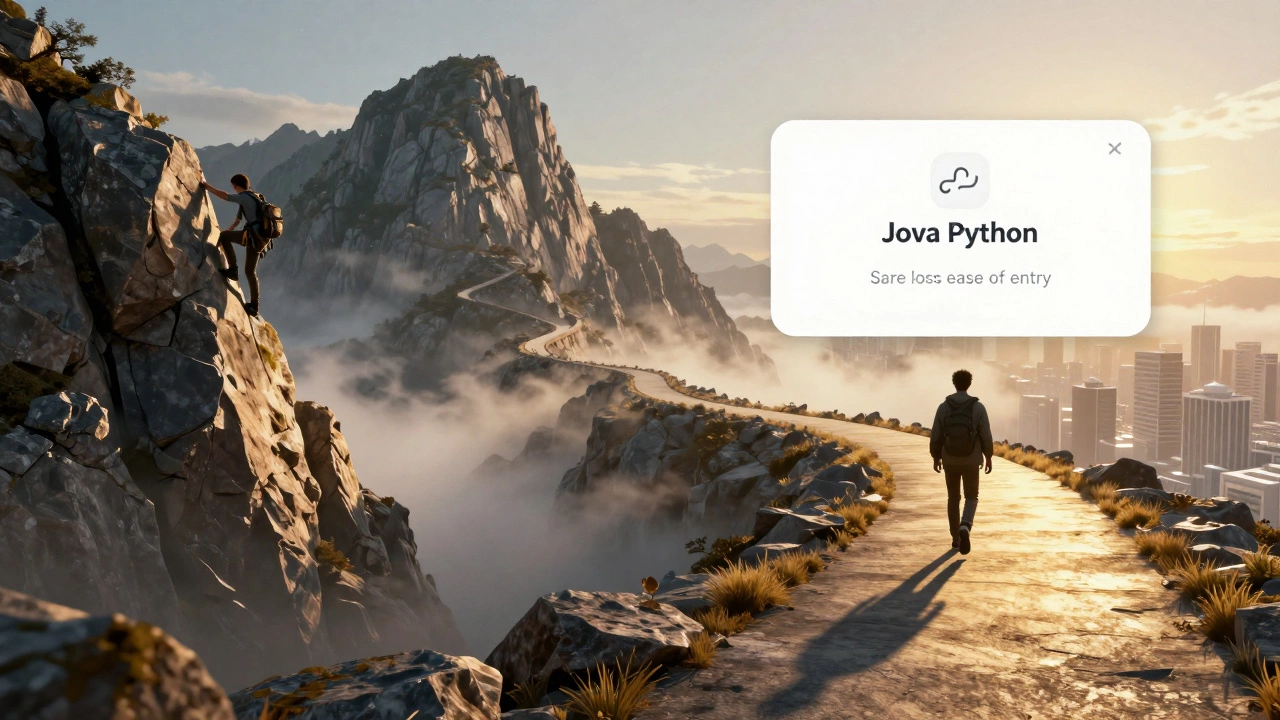 Two diverging paths: a smooth easy road for Python and a steep climb for Java leading to a peak