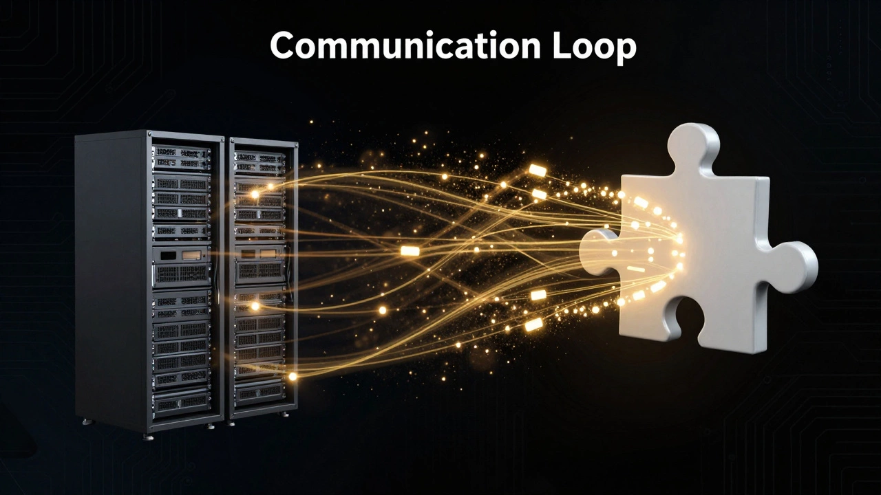 Abstract visualization of data streams connecting two digital system nodes.