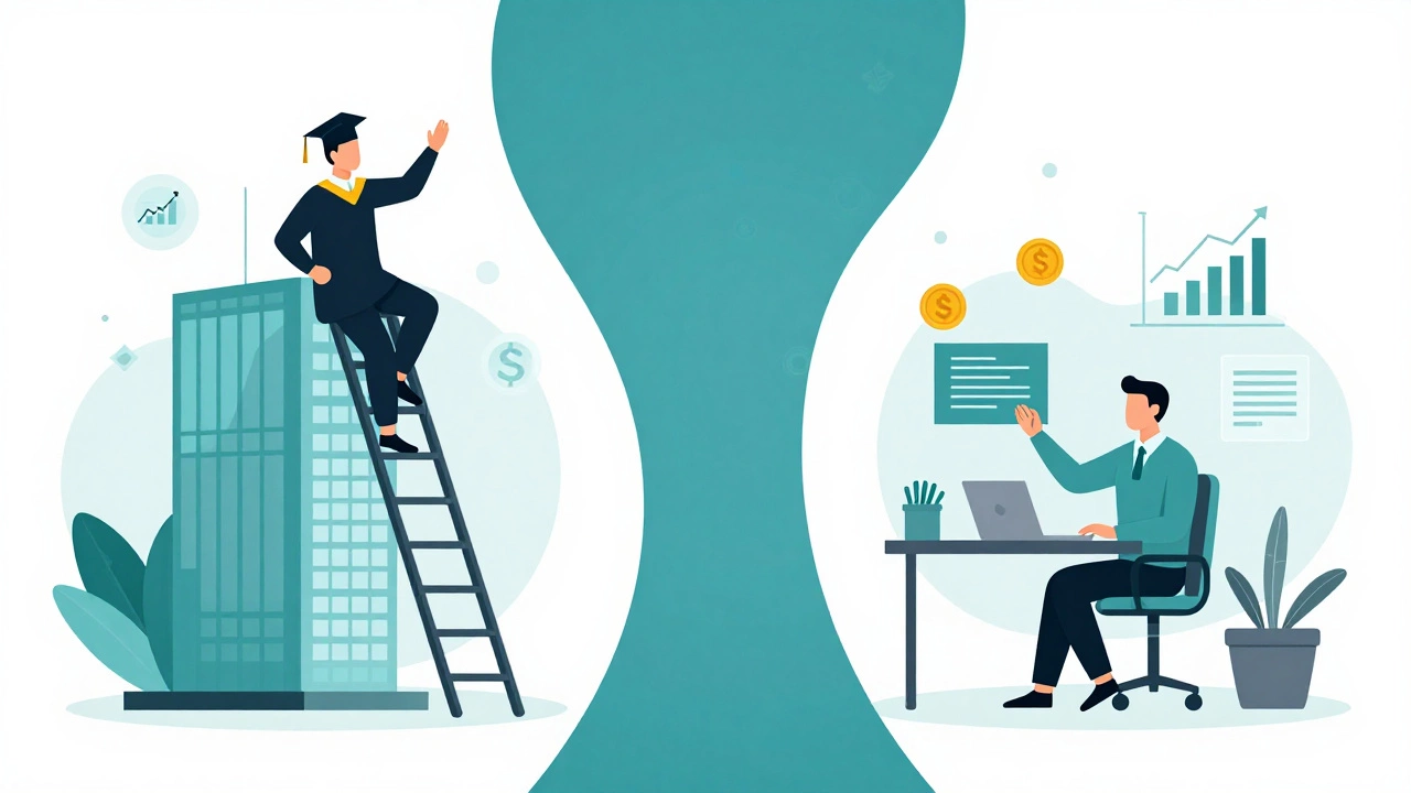 Conceptual art comparing traditional MBA and Executive MBA career paths