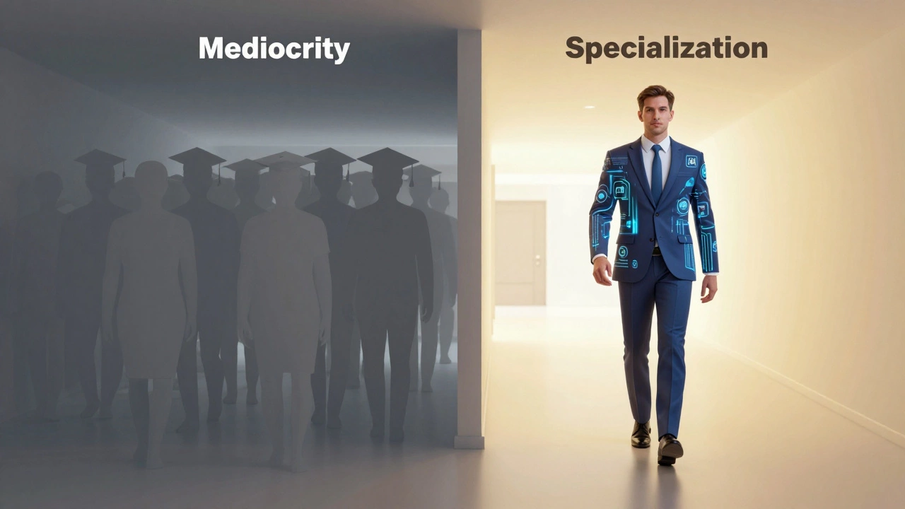 Contrast between generic graduates and specialized leaders in a conceptual art piece