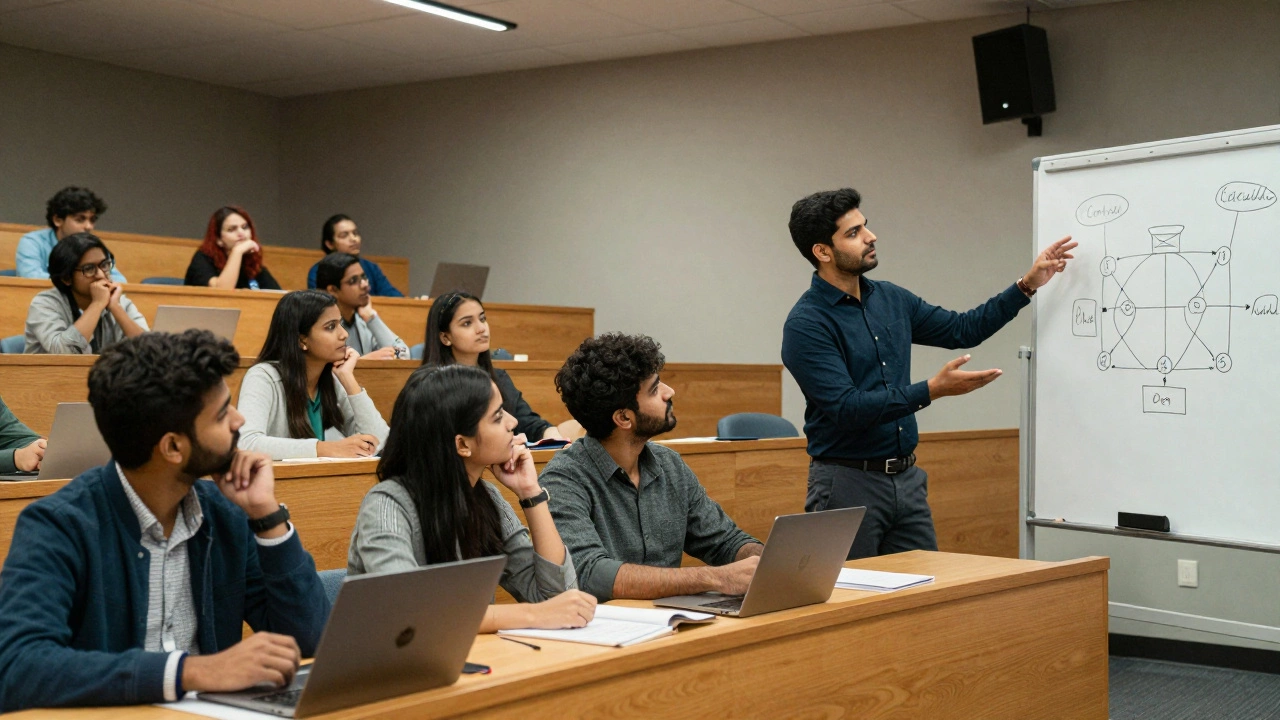 Diverse students collaborating in a prestigious business school classroom