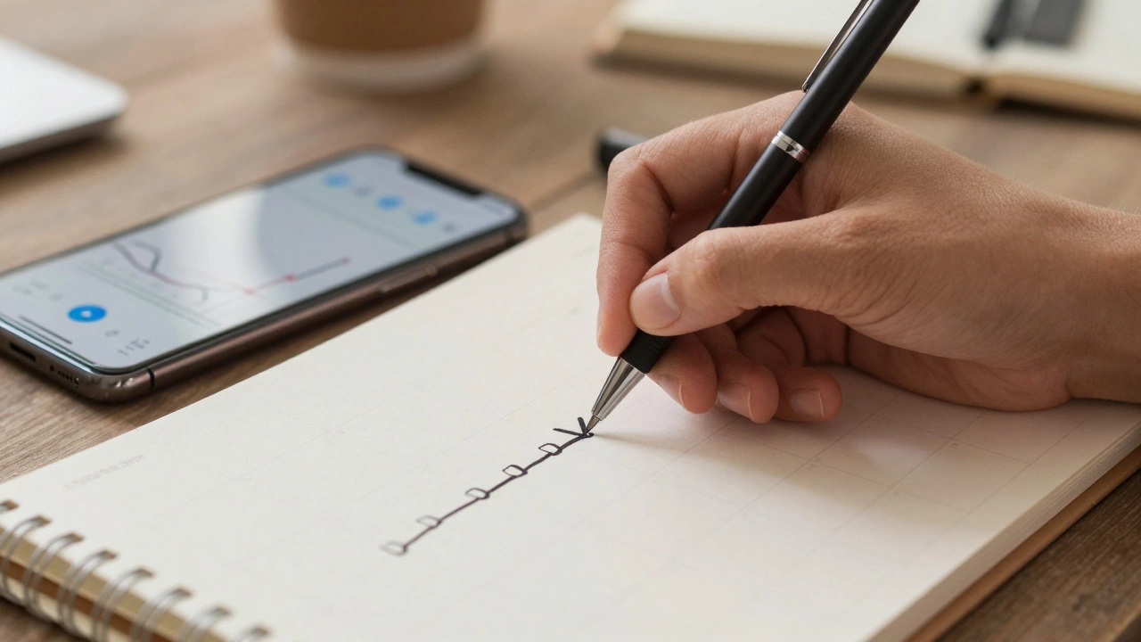 Hand marking a calendar chain next to a phone showing language learning progress