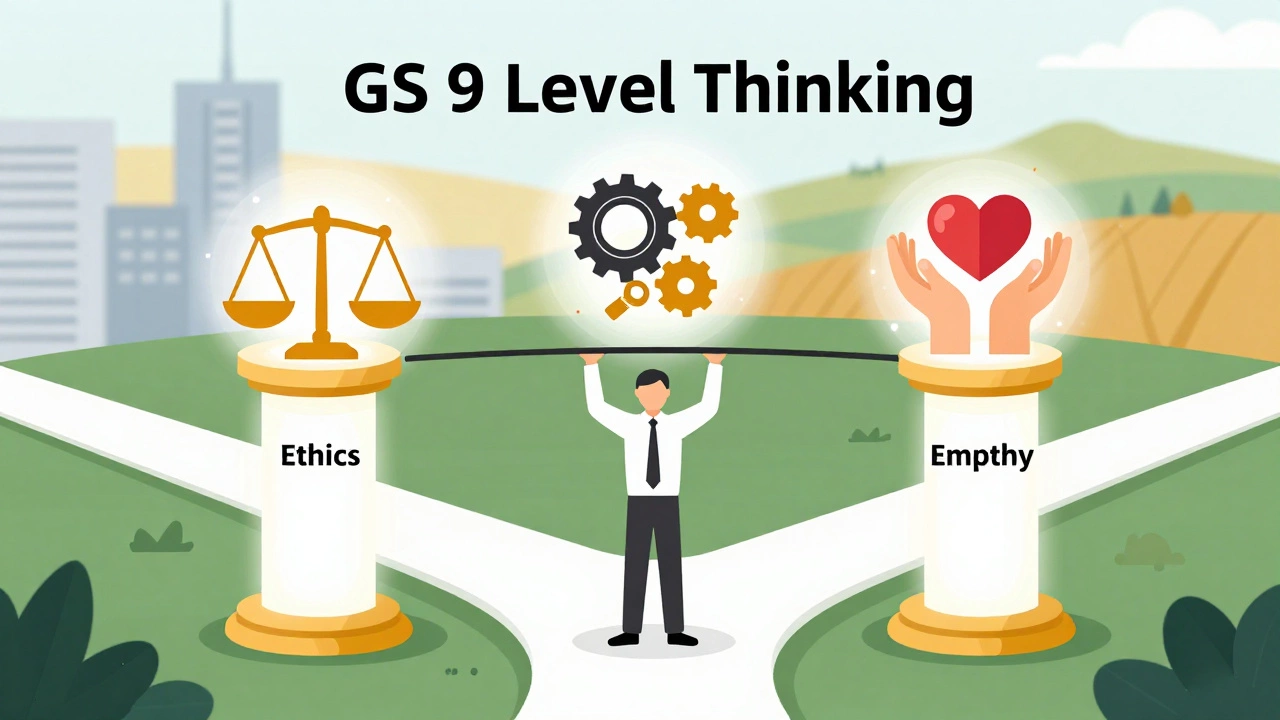 Illustration of a leader balancing ethics, pragmatism, and empathy in governance.