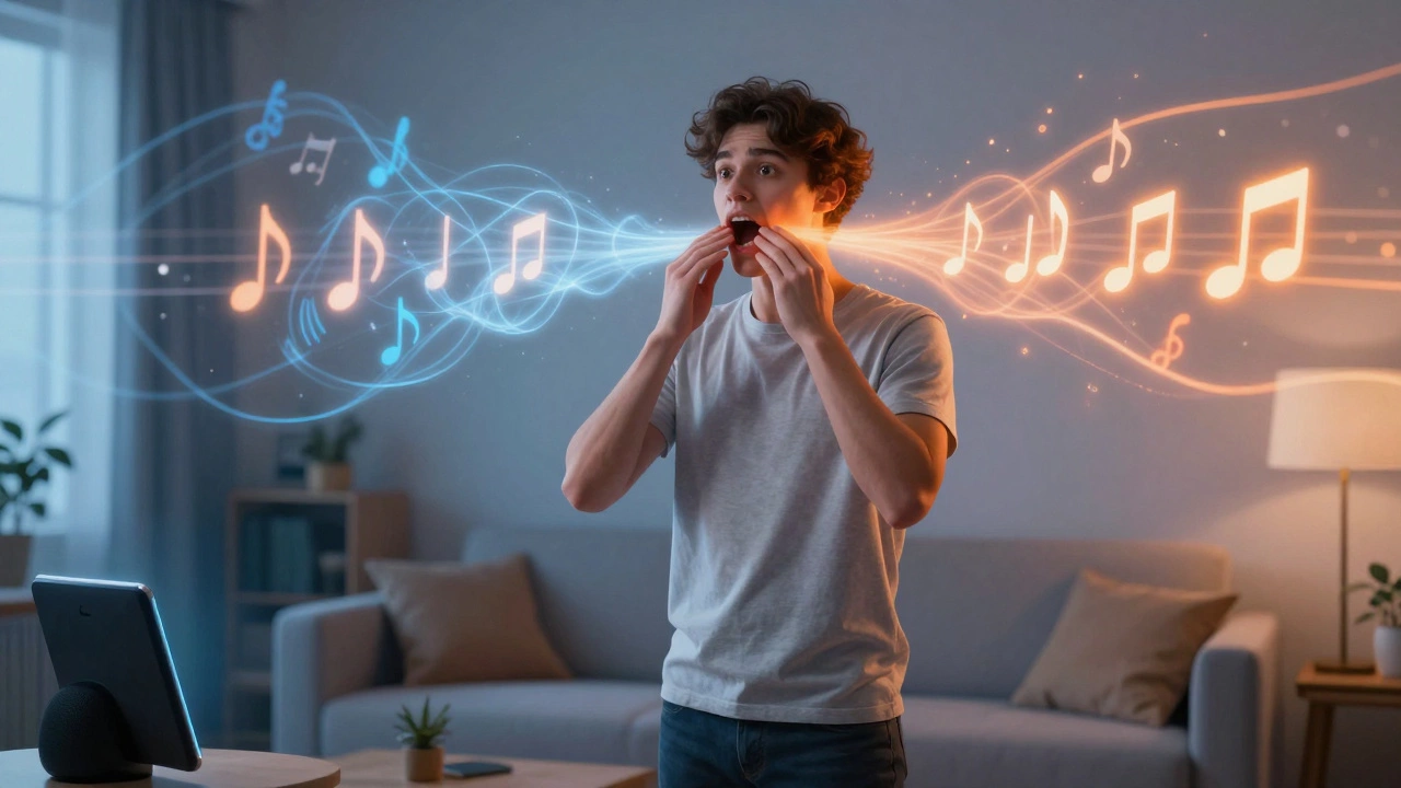Illustration of a person practicing shadowing technique with glowing sound waves