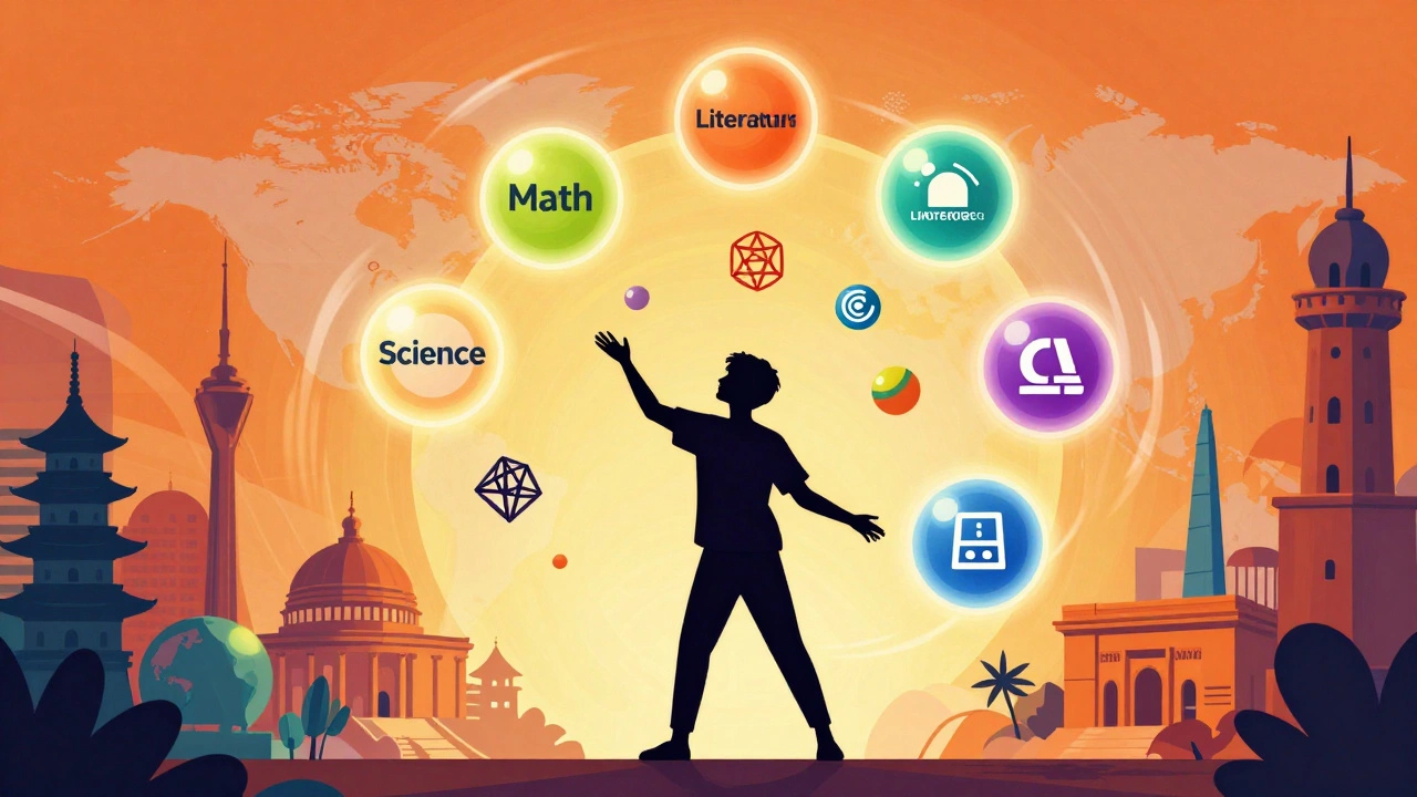 Illustration of a student juggling multiple IB subjects and projects