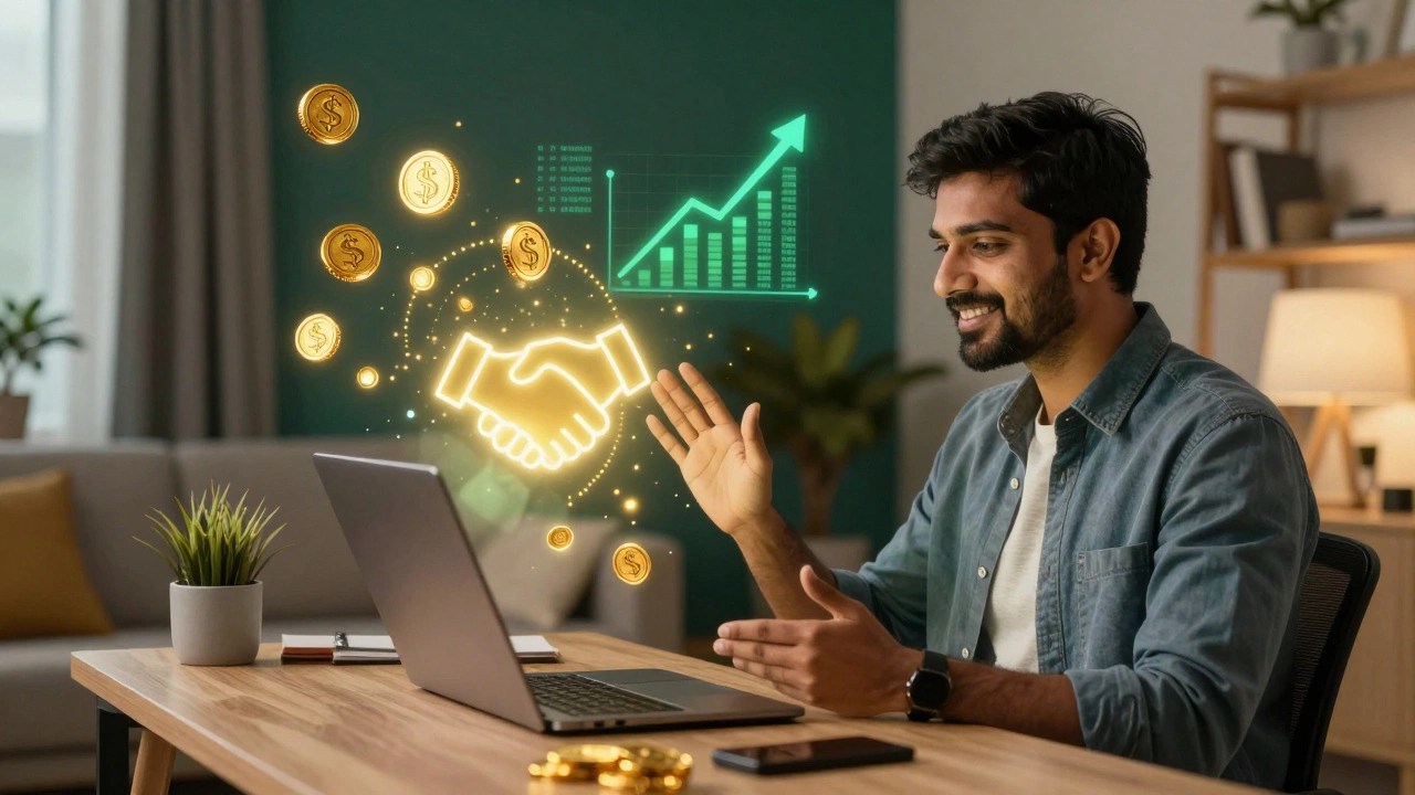 Remote sales expert closing deals via video call with floating symbols of revenue and growth