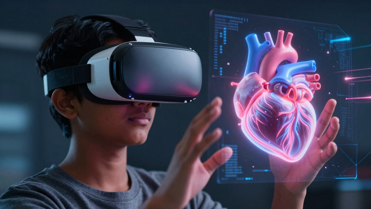 Student using VR headset for immersive medical training simulation