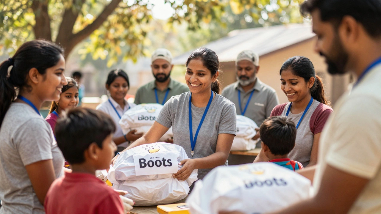 Volunteers helping community members in a sunny outdoor setting in India.