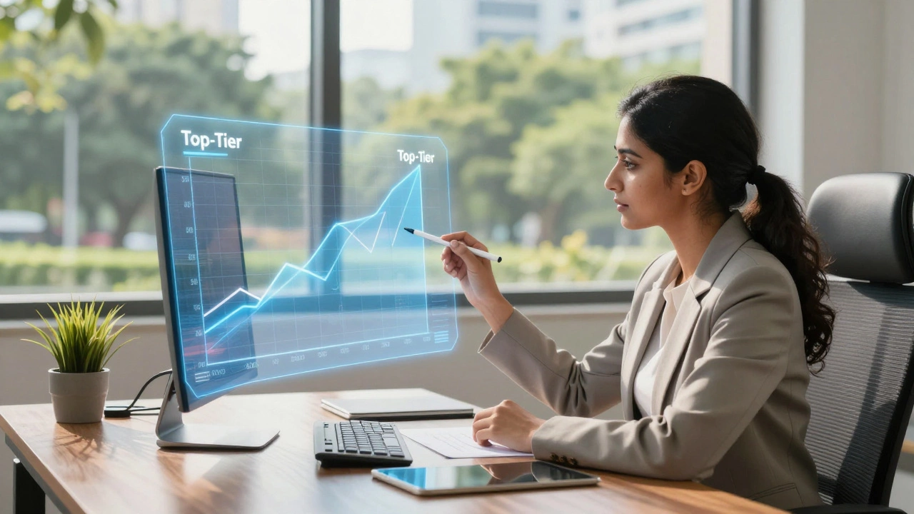 Woman analyzing holographic ROI charts for MBA investment decisions