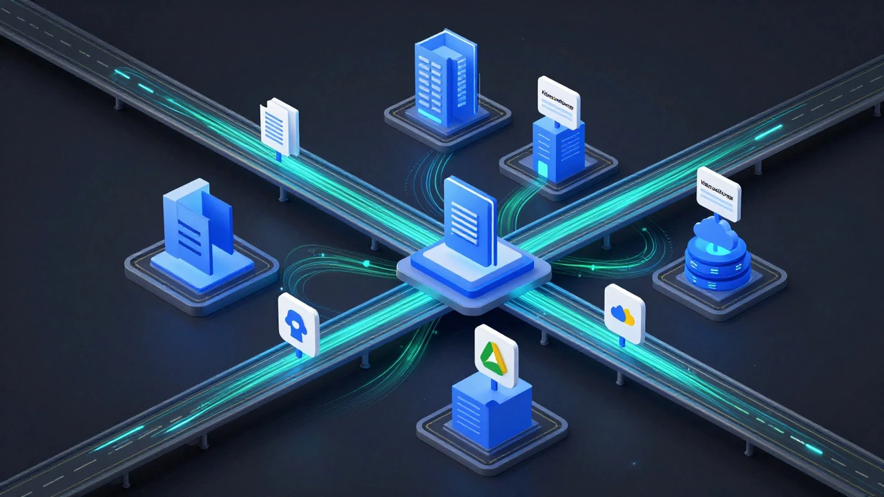Abstract 3D visualization of interconnected digital tools forming an educational network.