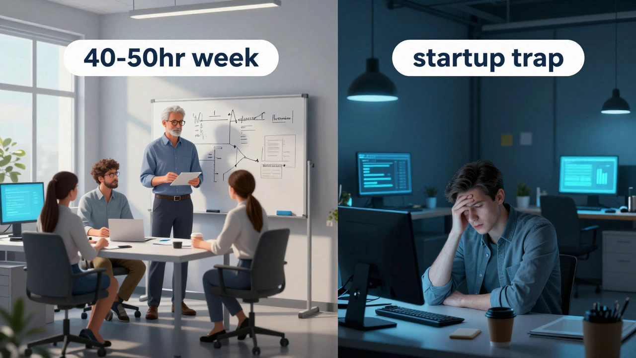 Contrast between balanced corporate work and stressful startup hours