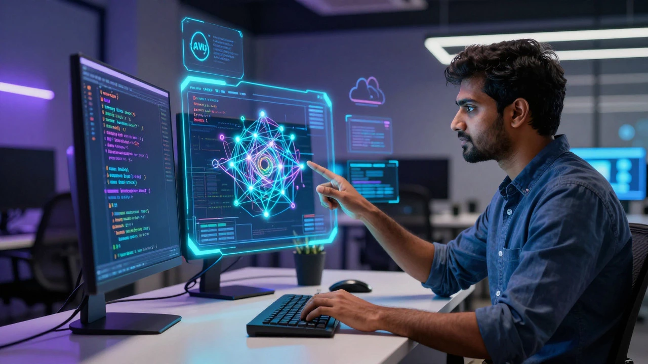 Developer overseeing AI-generated code with holographic interfaces
