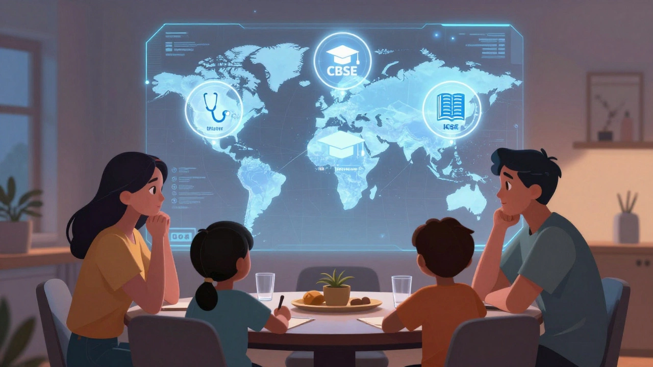 Family analyzing a holographic map to choose the best education board for their child.