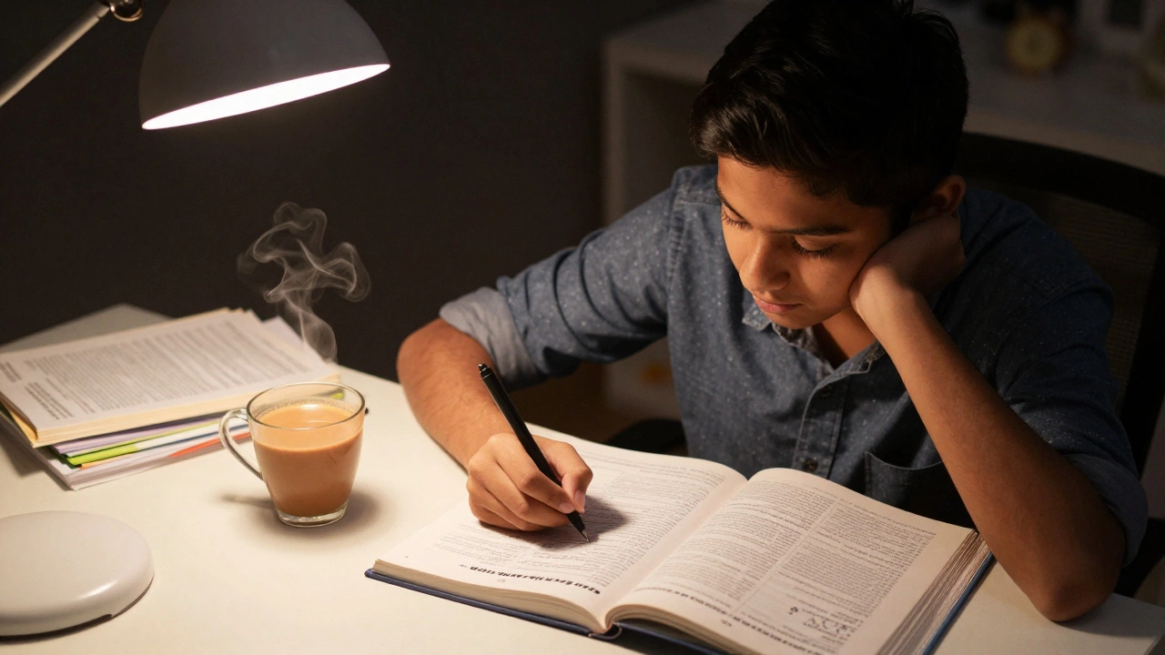 Focused student studying NCERT books under warm lamp light, representing consistent JEE preparation.