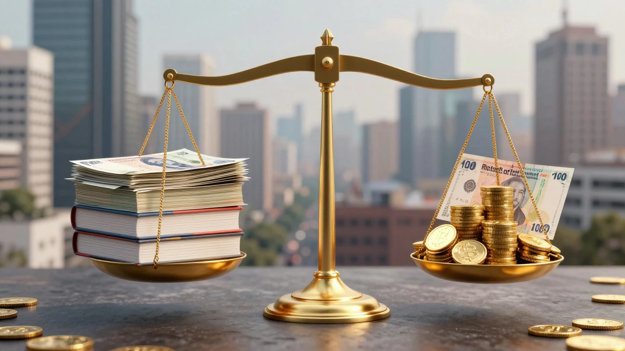 Golden scale balancing education costs against high tech salaries