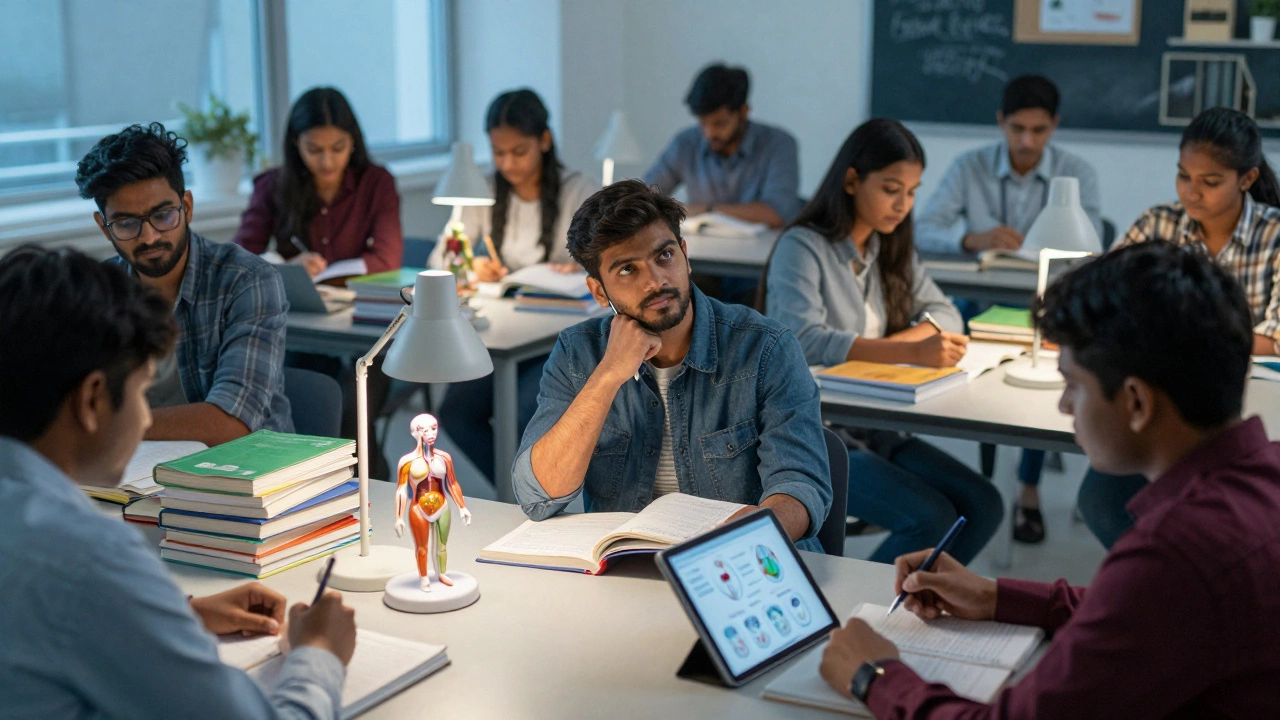 Indian students studying intensely in a modern library for medical exams