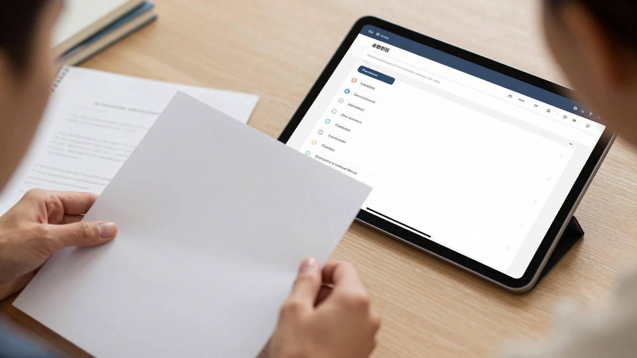 Overhead view of hands organizing files next to a tablet showing a structured learning interface.