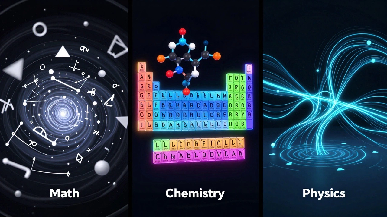 Triptych illustration showing abstract challenges of Math, Chemistry, and Physics concepts visually.
