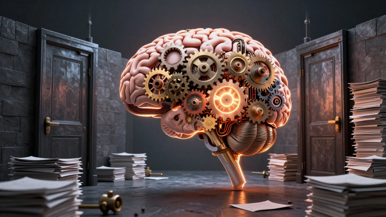 Conceptual digital art of a brain composed of gears, symbolizing the mental strain and resilience needed for tough professional exams.