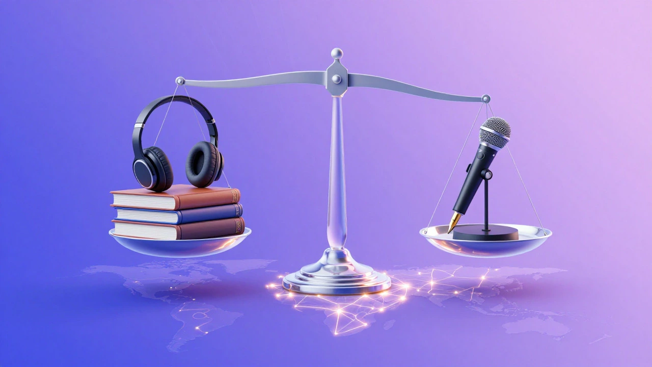 Glass scale balancing books and headphones against a microphone and pen over a neural map.