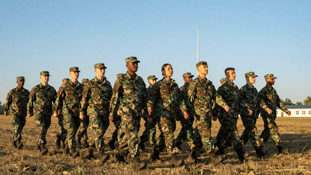 Group of military recruits marching in formation on a sunny field