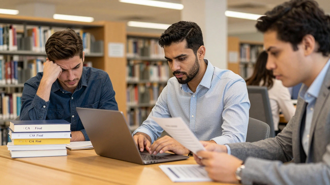 Group of professionals intensely studying for various difficult certifications including CA Final and CFA in a library setting.