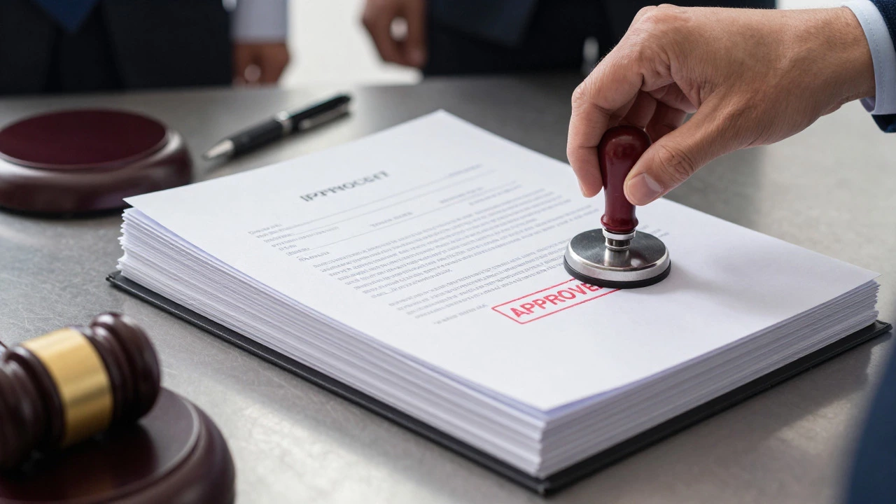 Hand stamping an approved document on a stack of files