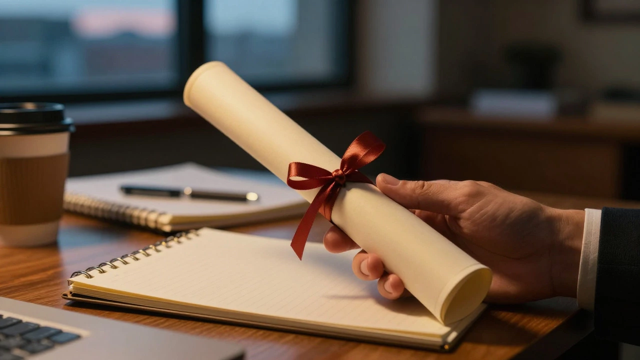 Hands holding a diploma scroll on a desk near a window at dusk