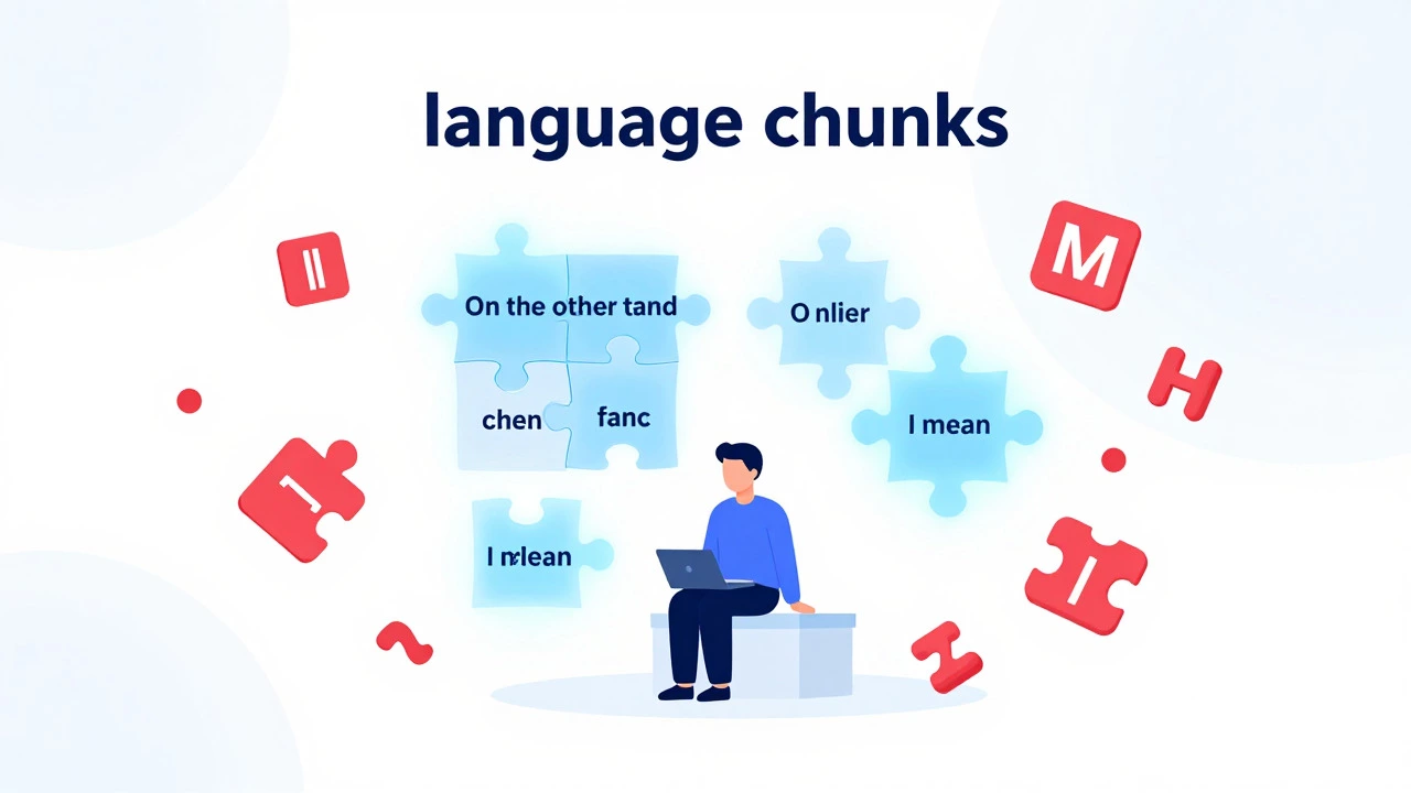 Illustration showing connected language phrases vs chaotic isolated grammar words.